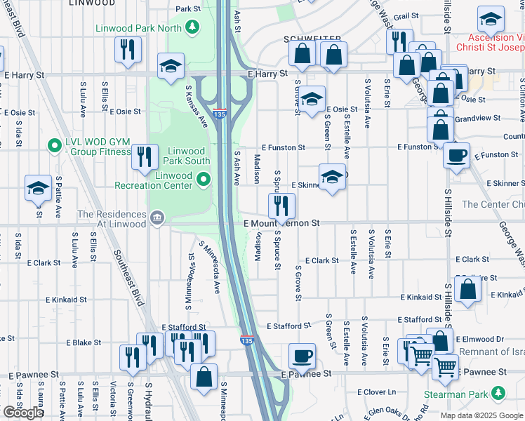 map of restaurants, bars, coffee shops, grocery stores, and more near 1944 South Madison Street in Wichita