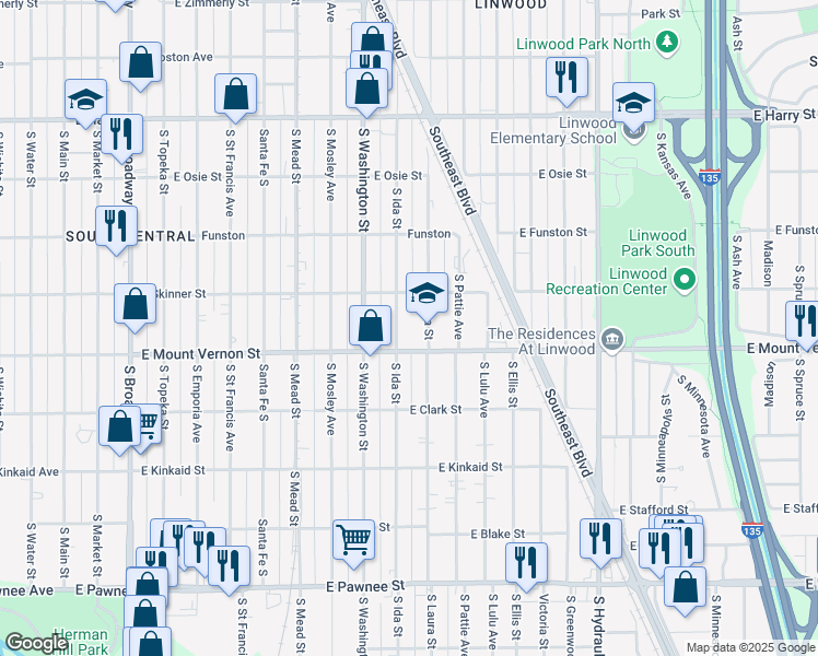 map of restaurants, bars, coffee shops, grocery stores, and more near 1951 South Laura Street in Wichita