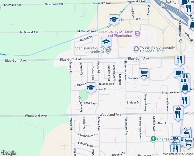 map of restaurants, bars, coffee shops, grocery stores, and more near 1517 Poust Road in Modesto
