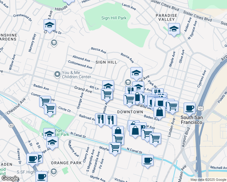 map of restaurants, bars, coffee shops, grocery stores, and more near 573 Miller Avenue in South San Francisco