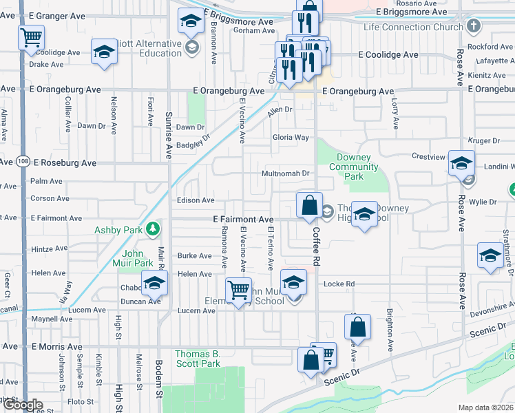 map of restaurants, bars, coffee shops, grocery stores, and more near 1109 East Fairmont Avenue in Modesto