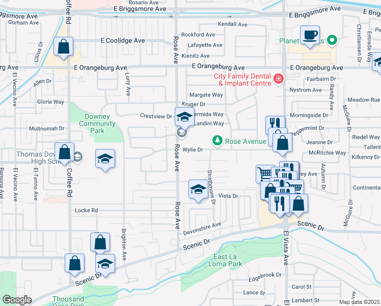 map of restaurants, bars, coffee shops, grocery stores, and more near 1812 Wylie Drive in Modesto