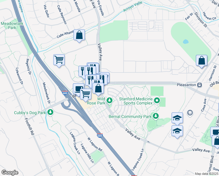map of restaurants, bars, coffee shops, grocery stores, and more near 1700 Whispering Oaks Way in Pleasanton