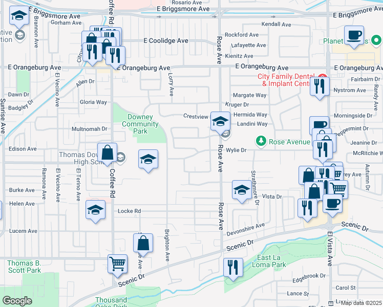 map of restaurants, bars, coffee shops, grocery stores, and more near 1605 Wylie Drive in Modesto