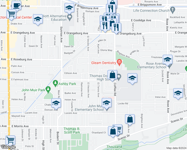 map of restaurants, bars, coffee shops, grocery stores, and more near 1112 Edison Avenue in Modesto