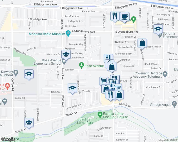 map of restaurants, bars, coffee shops, grocery stores, and more near 2002 Wylie Drive in Modesto