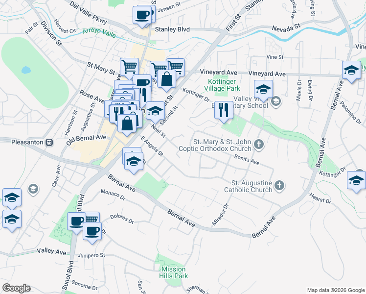map of restaurants, bars, coffee shops, grocery stores, and more near 485 Neal Street in Pleasanton