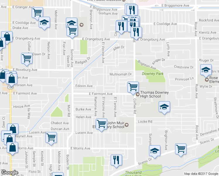map of restaurants, bars, coffee shops, grocery stores, and more near 1109 East Fairmont Avenue in Modesto