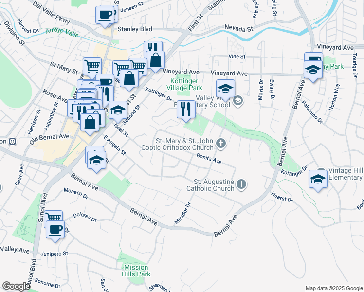 map of restaurants, bars, coffee shops, grocery stores, and more near 553 Bonita Avenue in Pleasanton