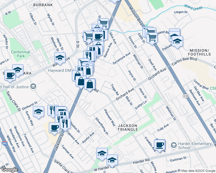 map of restaurants, bars, coffee shops, grocery stores, and more near 24659 Lyell Way in Hayward