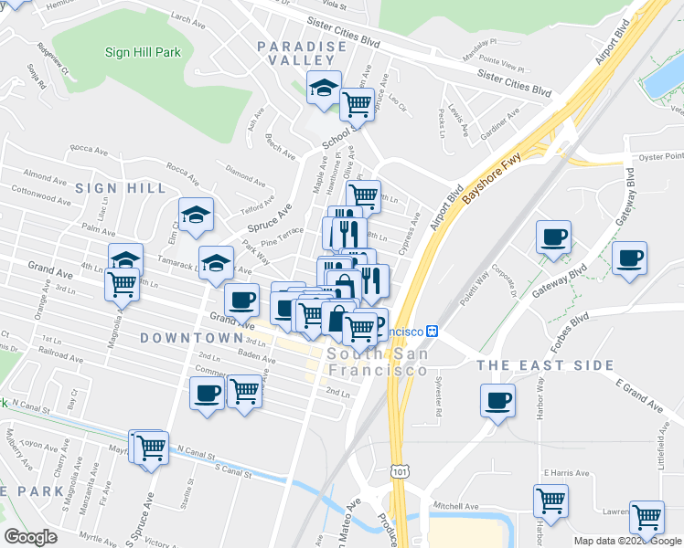 map of restaurants, bars, coffee shops, grocery stores, and more near 500 Linden Avenue in South San Francisco