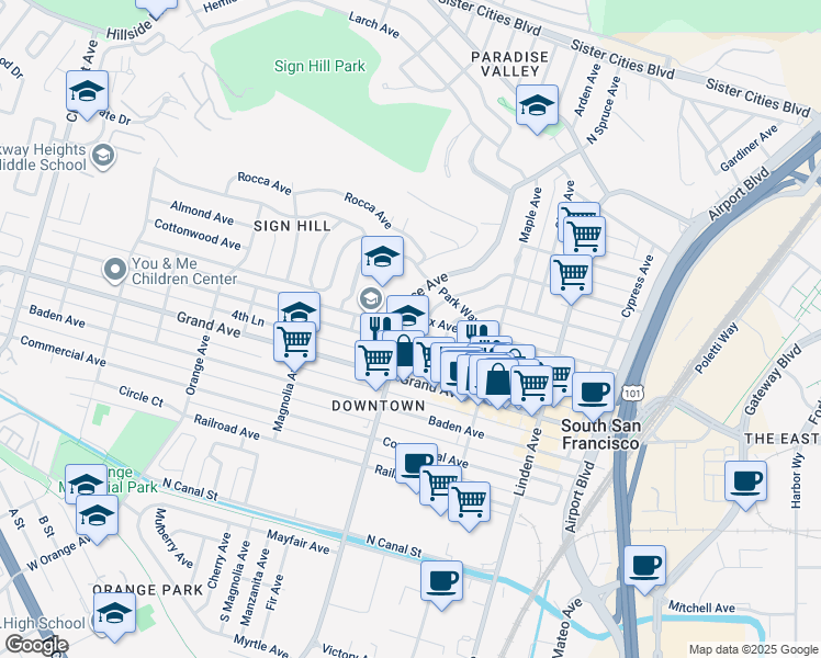 map of restaurants, bars, coffee shops, grocery stores, and more near 464 Miller Avenue in South San Francisco