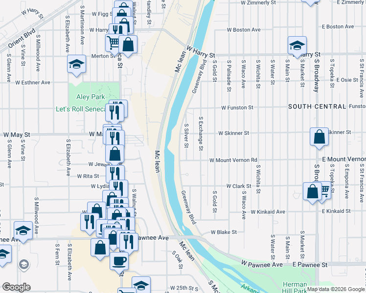 map of restaurants, bars, coffee shops, grocery stores, and more near 1951 South Silver Street in Wichita