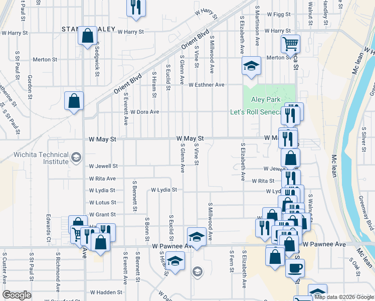 map of restaurants, bars, coffee shops, grocery stores, and more near 2042 South Glenn Avenue in Wichita