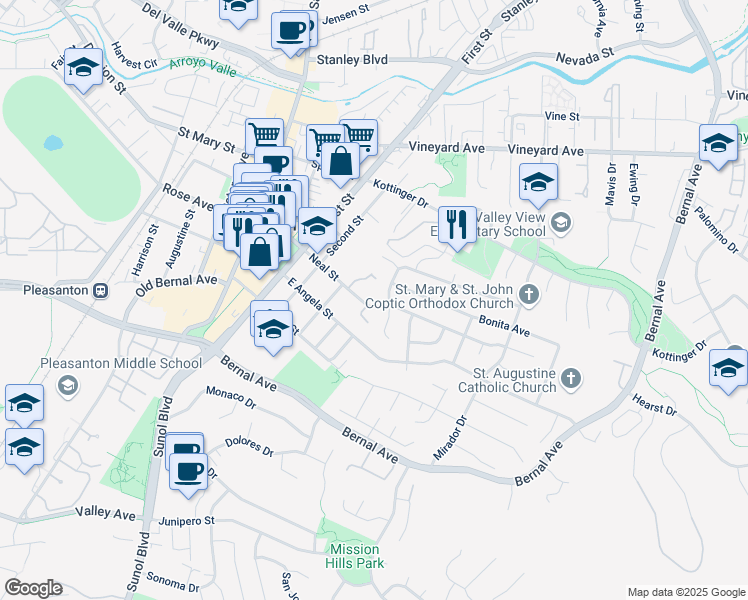 map of restaurants, bars, coffee shops, grocery stores, and more near 450 Neal Street in Pleasanton
