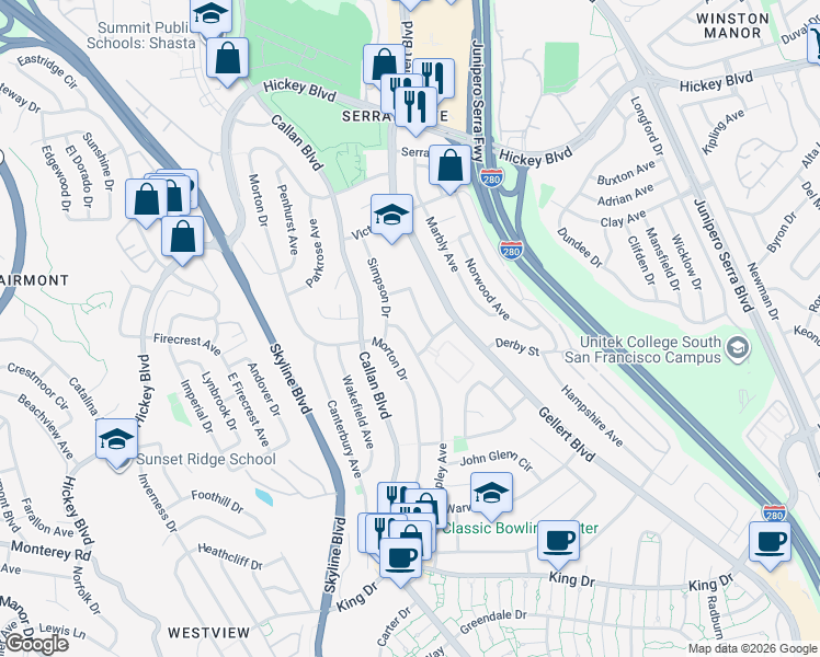 map of restaurants, bars, coffee shops, grocery stores, and more near 43 Shipley Avenue in Daly City