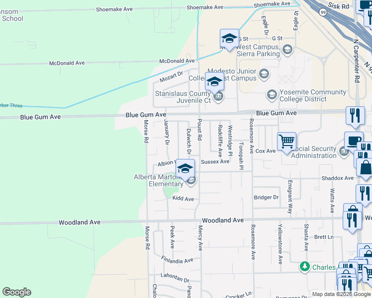 map of restaurants, bars, coffee shops, grocery stores, and more near 2505 Baylor Way in Modesto