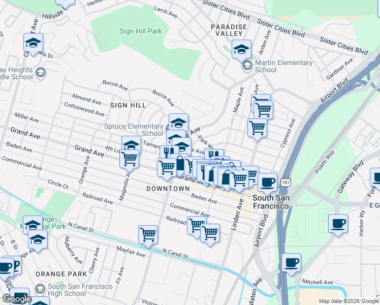 map of restaurants, bars, coffee shops, grocery stores, and more near 447 Lux Avenue in South San Francisco
