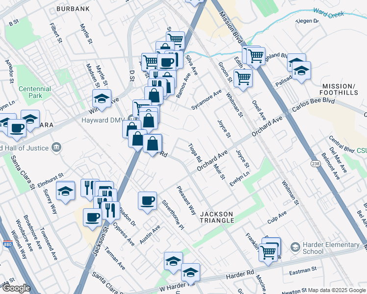 map of restaurants, bars, coffee shops, grocery stores, and more near 24659 Lyell Way in Hayward