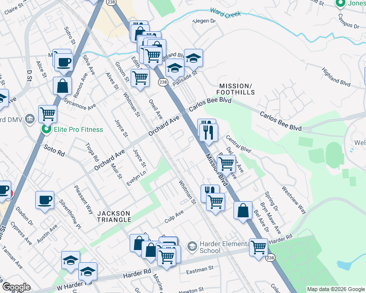 map of restaurants, bars, coffee shops, grocery stores, and more near 25060 Oneil Avenue in Hayward