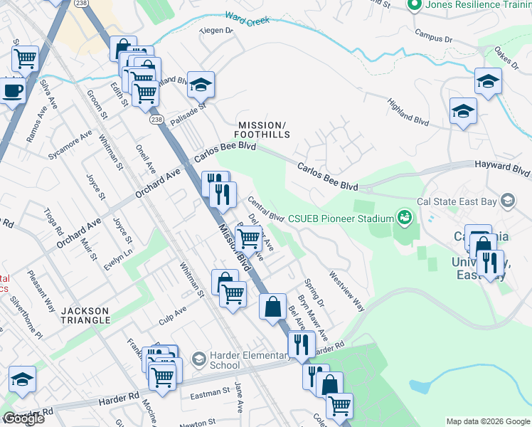 map of restaurants, bars, coffee shops, grocery stores, and more near 1031 Central Boulevard in Hayward