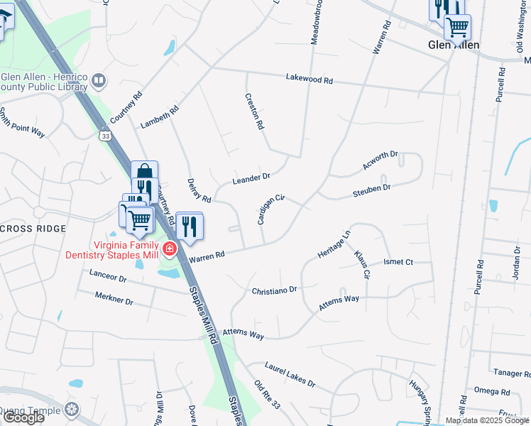 map of restaurants, bars, coffee shops, grocery stores, and more near 10311 Cardigan Circle in Glen Allen