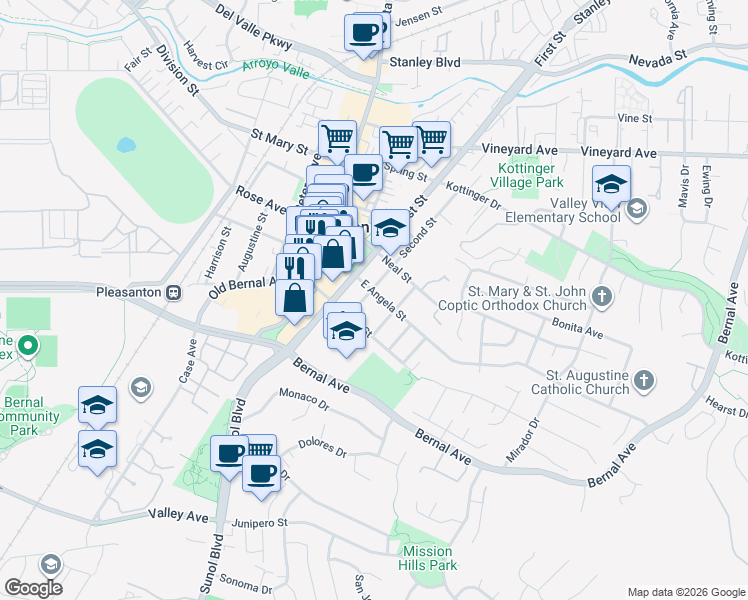 map of restaurants, bars, coffee shops, grocery stores, and more near 4614 Second Street in Pleasanton