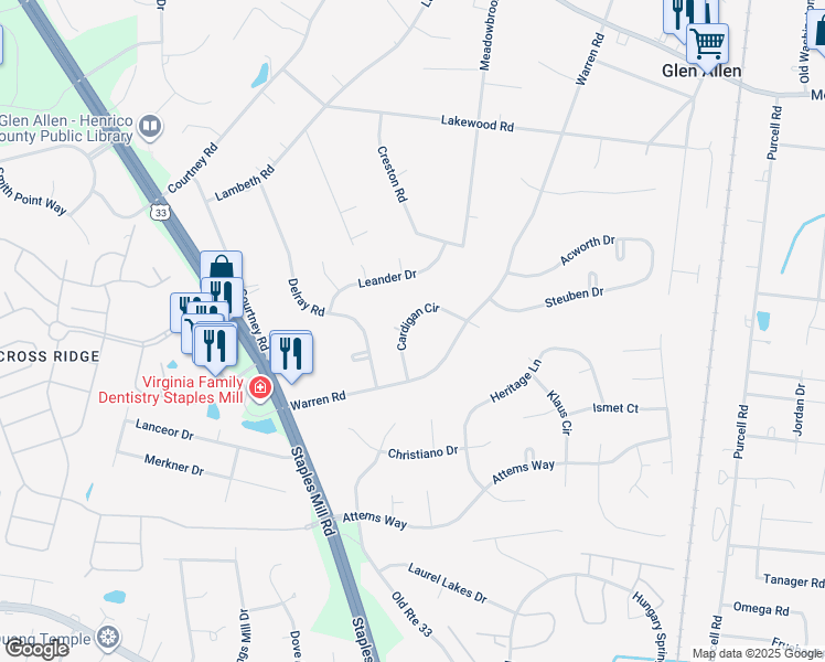 map of restaurants, bars, coffee shops, grocery stores, and more near 10311 Cardigan Circle in Glen Allen