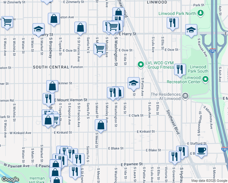 map of restaurants, bars, coffee shops, grocery stores, and more near 1948 S Washington St in Wichita