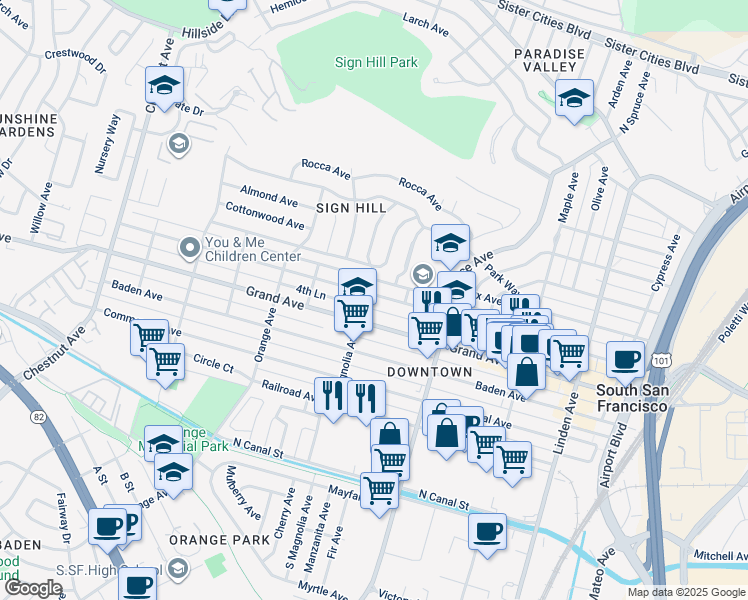 map of restaurants, bars, coffee shops, grocery stores, and more near 573 Miller Avenue in South San Francisco