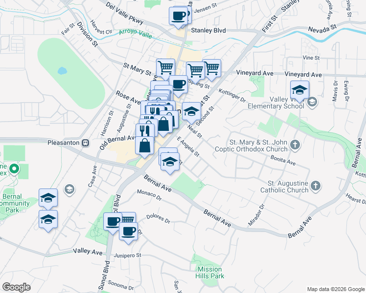 map of restaurants, bars, coffee shops, grocery stores, and more near 4614 Second Street in Pleasanton
