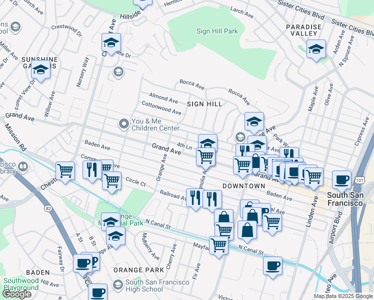 map of restaurants, bars, coffee shops, grocery stores, and more near 640 Grand Avenue in South San Francisco