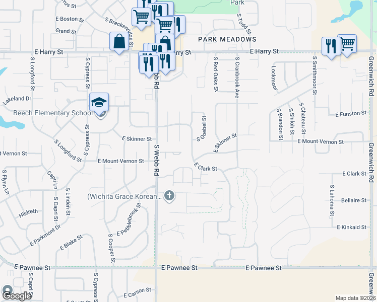map of restaurants, bars, coffee shops, grocery stores, and more near 1933 South Stoneybrook Street in Wichita