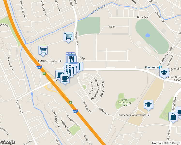 map of restaurants, bars, coffee shops, grocery stores, and more near 1600 Oak Vista Way in Pleasanton