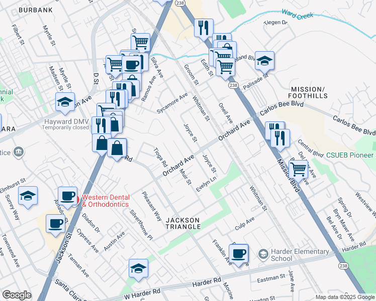 map of restaurants, bars, coffee shops, grocery stores, and more near 24839 Thomas Avenue in Hayward