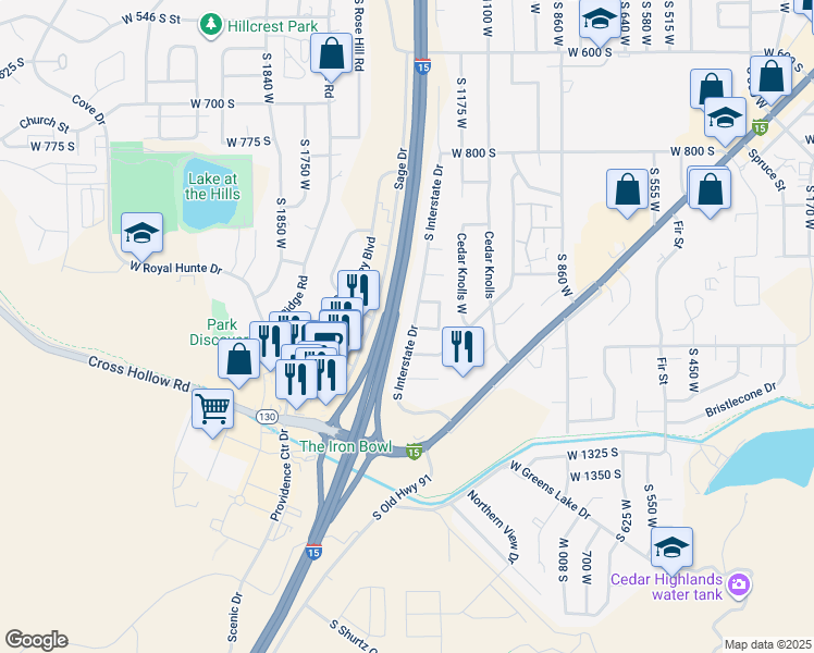 map of restaurants, bars, coffee shops, grocery stores, and more near 1148 South Interstate Drive in Cedar City