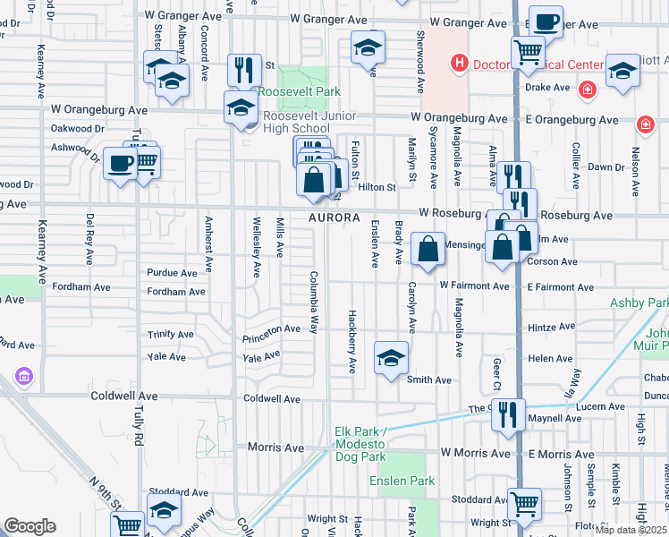 map of restaurants, bars, coffee shops, grocery stores, and more near 1001 Hackberry Avenue in Modesto