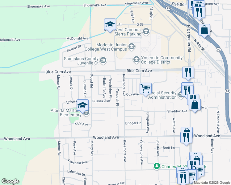 map of restaurants, bars, coffee shops, grocery stores, and more near 1520 Tonopah Place in Modesto