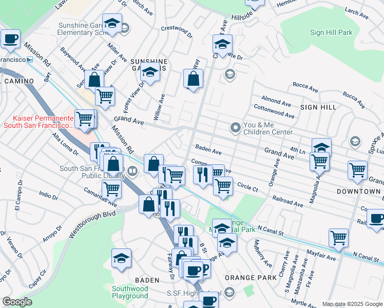 map of restaurants, bars, coffee shops, grocery stores, and more near 866 Commercial Avenue in South San Francisco