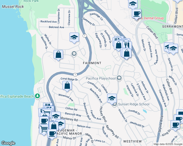 map of restaurants, bars, coffee shops, grocery stores, and more near 156 Catalina Avenue in Pacifica
