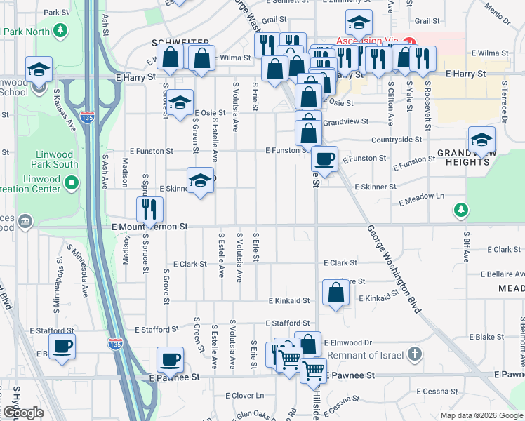 map of restaurants, bars, coffee shops, grocery stores, and more near 2912 East Mount Vernon Street in Wichita