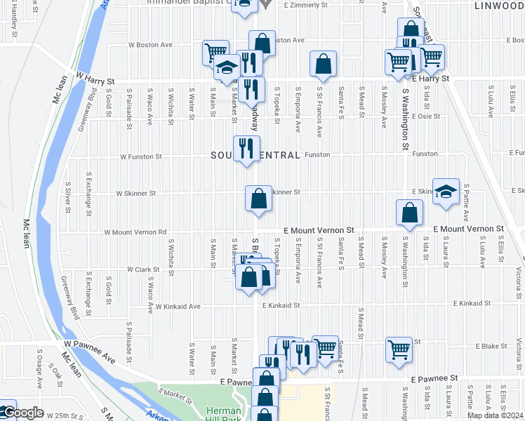 map of restaurants, bars, coffee shops, grocery stores, and more near 1944 South Broadway Street in Wichita