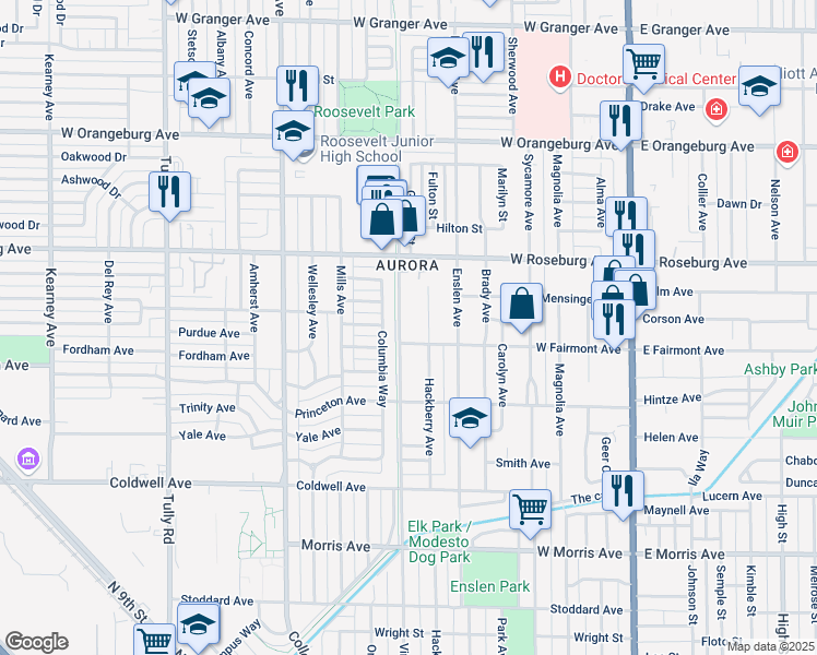map of restaurants, bars, coffee shops, grocery stores, and more near 1001 Hackberry Avenue in Modesto