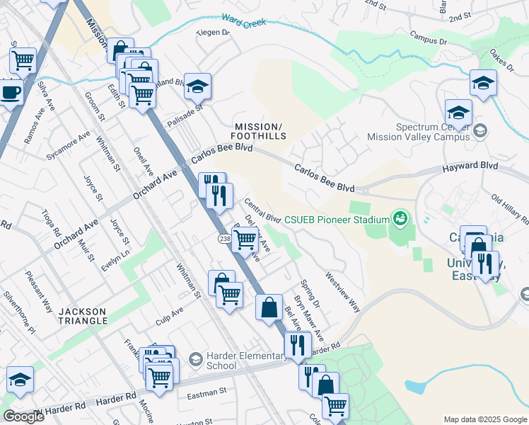 map of restaurants, bars, coffee shops, grocery stores, and more near Central Boulevard in Hayward