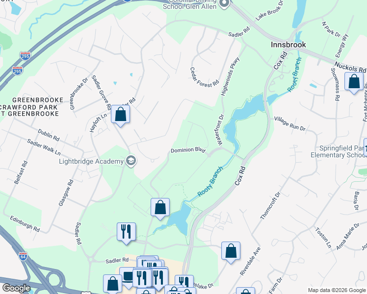 map of restaurants, bars, coffee shops, grocery stores, and more near 5000 Dominion Boulevard in Glen Allen