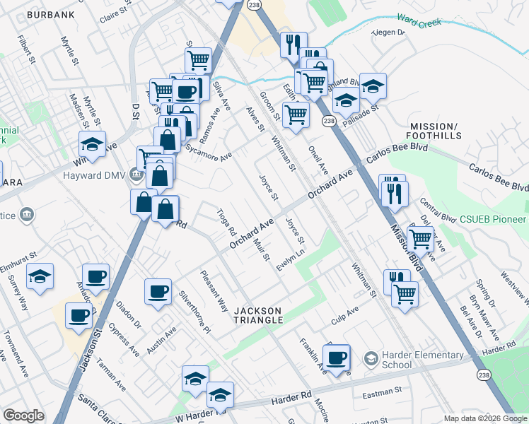 map of restaurants, bars, coffee shops, grocery stores, and more near 24839 Thomas Avenue in Hayward