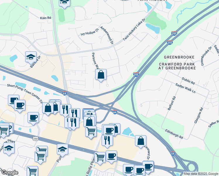 map of restaurants, bars, coffee shops, grocery stores, and more near 11600 Coachmans Carriage Place in Glen Allen