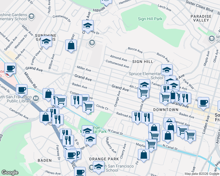 map of restaurants, bars, coffee shops, grocery stores, and more near 715 3rd Lane in South San Francisco