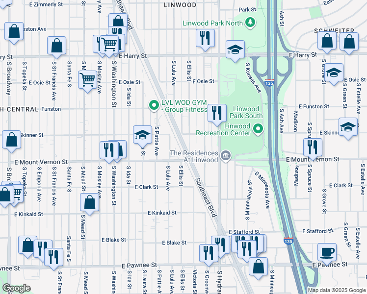 map of restaurants, bars, coffee shops, grocery stores, and more near 1965 Southeast Boulevard in Wichita