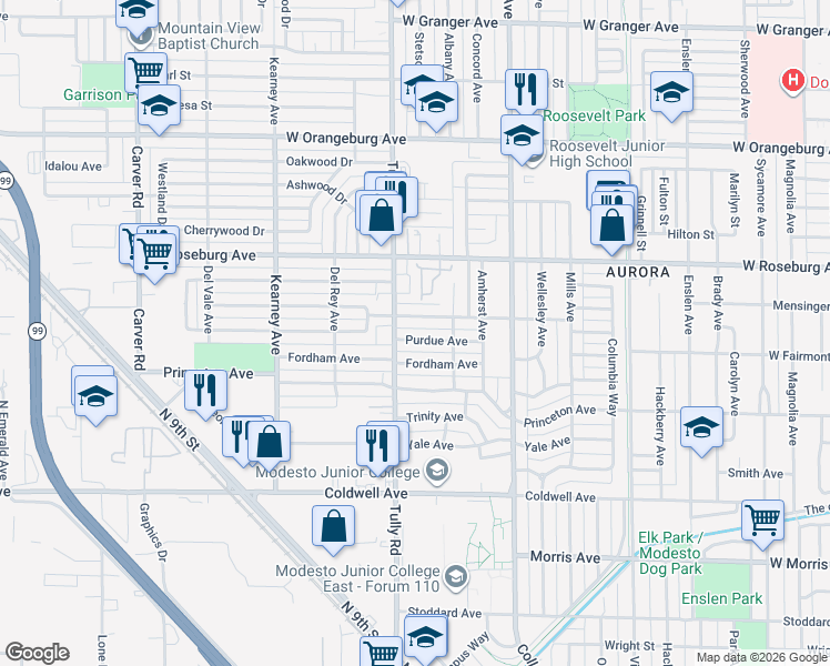 map of restaurants, bars, coffee shops, grocery stores, and more near 1230 Purdue Avenue in Modesto